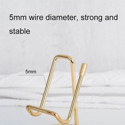 Versatile Desktop Stand for Phones, Tablets and Business Cards in gold alloy showing 5mm wire diameter and stable support
