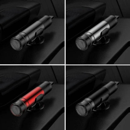 Compact Car Emergency Glass Hammer with Seat Belt Cutter - compact alloy safety tool on car console for breaking windows and cutting seat belts