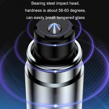 Compact Car Emergency Glass Hammer with Seat Belt Cutter showing alloy bearing steel impact head for breaking tempered glass, 33g compact safety tool