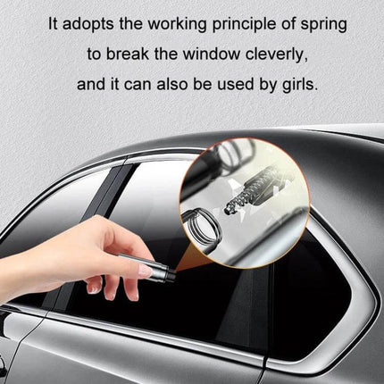 Compact Car Emergency Glass Hammer with Seat Belt Cutter showing spring-loaded tip breaking car window, lightweight 33g alloy design for glove compartment storage