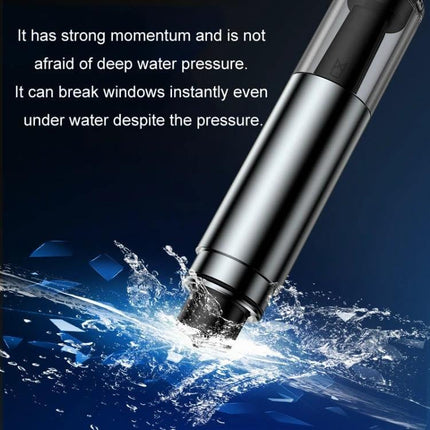 Compact Car Emergency Glass Hammer with Seat Belt Cutter shown breaking waterlogged car window, compact alloy rescue tool for instant escape