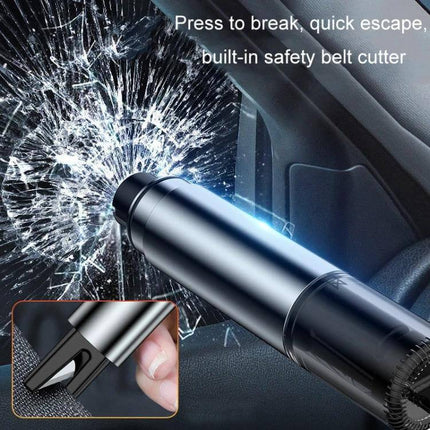 Compact Car Emergency Glass Hammer with Seat Belt Cutter shown breaking car window and cutting seat belt, compact alloy emergency tool for quick escape