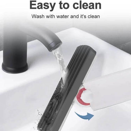 Desktop Mini Mop With Sponge Head For Quick Cleanups - compact desk mop with washable sponge head being rinsed under faucet, folds 180° for easy wringing
