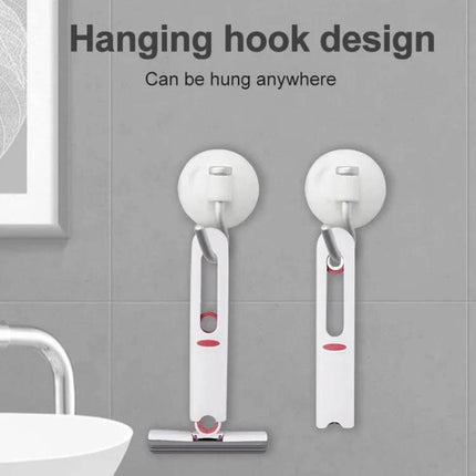 Desktop Mini Mop With Sponge Head For Quick Cleanups hanging on suction hooks on a bathroom wall, compact foldable design for easy storage