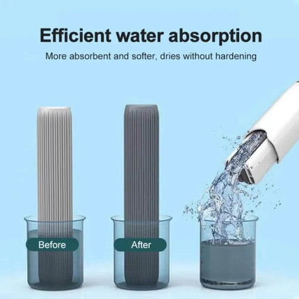 Desktop Mini Mop With Sponge Head For Quick Cleanups showing before and after absorption with water squeezed out to demonstrate efficient water absorption