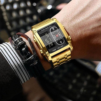 BINBOND Mens 30m Waterproof Quartz Watch With Steel Bracelet gold-tone rectangular case on wrist