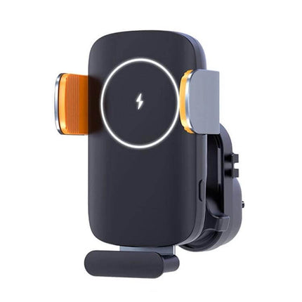 Car Wireless Charger Phone Holder With Air Vent Mount in black aluminum alloy showing 15W wireless charging symbol and cushioned clamp for hands-free driving