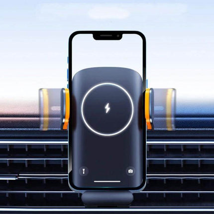 Car Wireless Charger Phone Holder With Air Vent Mount showing phone held in air vent with 15W wireless charging indicator