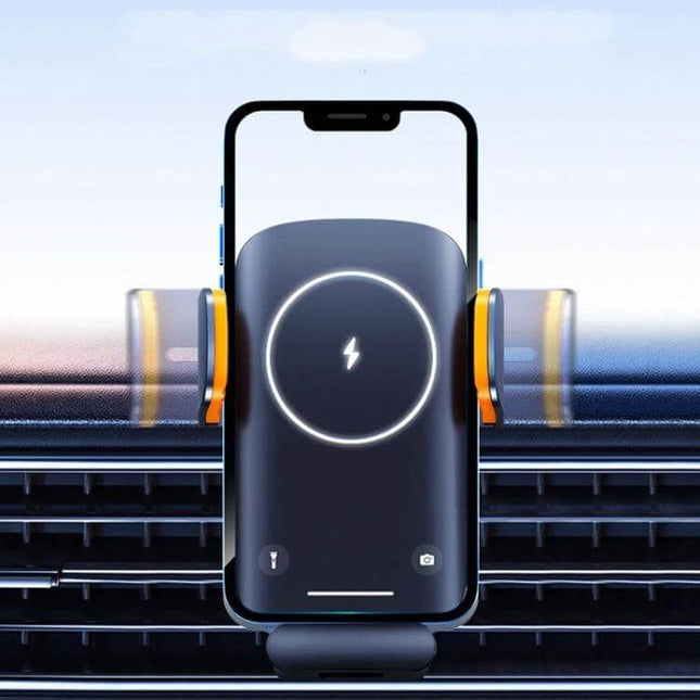 Car Wireless Charger Phone Holder With Air Vent Mount showing phone held in air vent with 15W wireless charging indicator