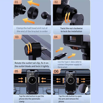 Car Wireless Charger Phone Holder With Air Vent Mount showing installation steps, vent clip, ball joint, Type-C power connection and clamping phone