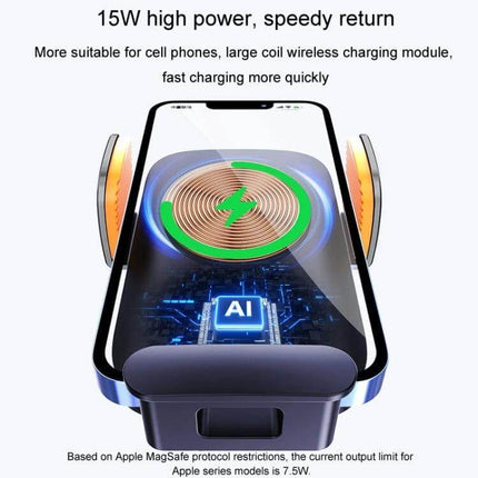 Car Wireless Charger Phone Holder With Air Vent Mount showing phone with 15W wireless charging coil, aluminum alloy clamp and soft cushion for secure hands-free use