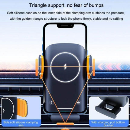 Car Wireless Charger Phone Holder With Air Vent Mount showing triangular support, soft silicone clamps and 15W wireless charging in car air vent