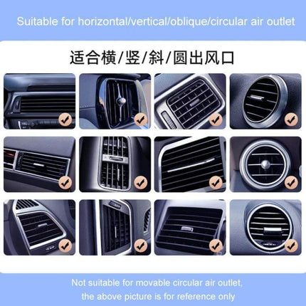 Car Wireless Charger Phone Holder With Air Vent Mount showing compatibility with horizontal, vertical, oblique, and circular car air vents