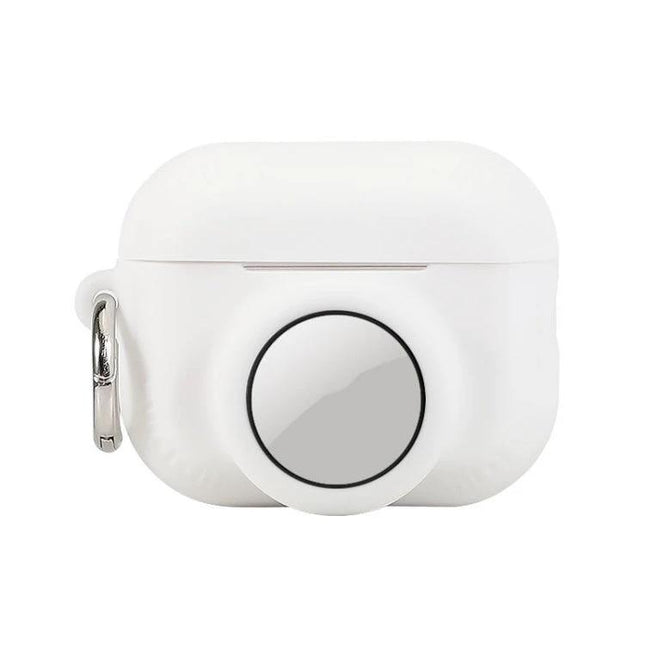 Protective Silicone Case for Everyday AirPods and AirTag Carry in white with carabiner and visible AirTag slot