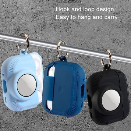 Protective Silicone Case for Everyday AirPods and AirTag Carry hanging with hook and loop design in blue black and light blue, dust and drop protection