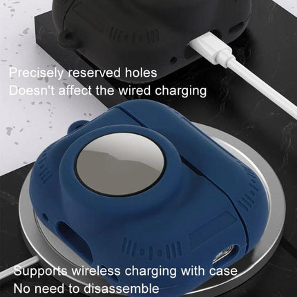 Protective Silicone Case for Everyday AirPods and AirTag Carry showing navy case on wireless charger with cable access
