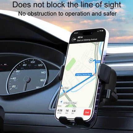 Car Air Vent Phone Holder For GPS Navigation And Safe Driving mounted on vent showing phone with GPS route, compact ABS silicone clamp that doesn’t block windshield view