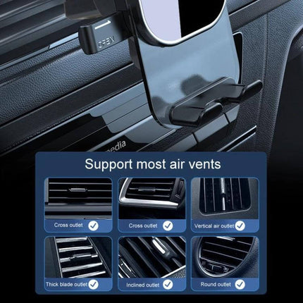 Car Air Vent Phone Holder For GPS Navigation And Safe Driving - black gravity-sensing mount on car air vent, ABS silicone, unobstructed windshield, supports most vent types