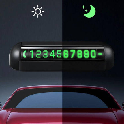 License Plate Privacy Card With Sliding Cover For Temporary Parking showing glow-in-the-dark removable number display on car dashboard for day and night use