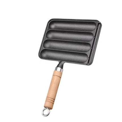 Cast Iron 4-Grid Sausage Grill Pan With Wood Handle For Everyday Meals — cast iron 4-slot sausage pan with beech wood handle