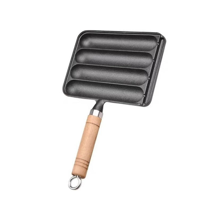 Cast Iron 4-Grid Sausage Grill Pan With Wood Handle For Everyday Meals — cast iron 4-slot sausage pan with beech wood handle