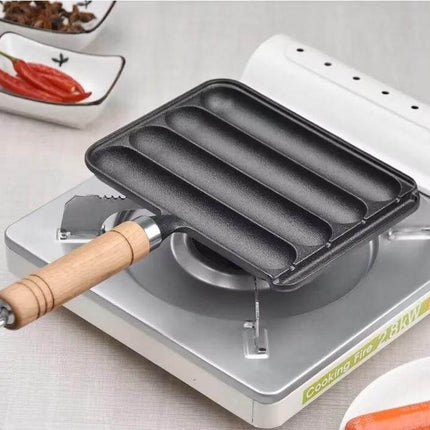 Cast Iron 4-Grid Sausage Grill Pan With Wood Handle For Everyday Meals - beech handle, anti-spill sausage mold on gas stove, uncoated cast iron