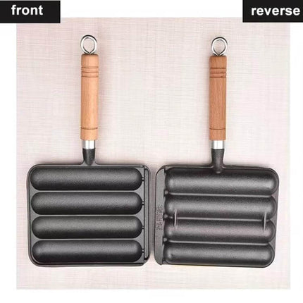 Cast Iron 4-Grid Sausage Grill Pan With Wood Handle For Everyday Meals - front and reverse view with beech wood handle and four-ridge sausage mold