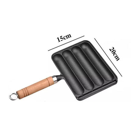 Cast Iron 4-Grid Sausage Grill Pan With Wood Handle For Everyday Meals – cast iron 4-grid pan with beech wood handle, 15x20cm sausage mold, induction-safe