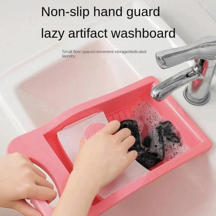 Handy Manual Washboard for Washing Socks and Underwear at Home - pink anti-slip hand-guard washboard shown washing socks in sink