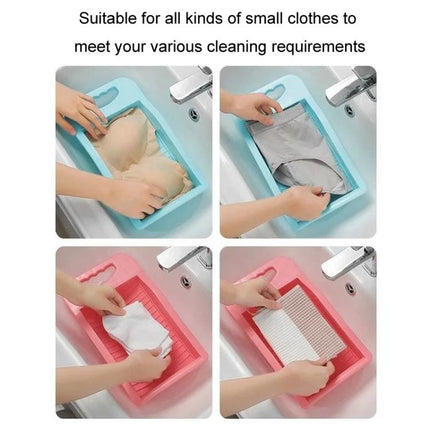 Handy Manual Washboard for Washing Socks and Underwear at Home shown in sink washing bras, underwear and socks with anti-slip hand protection