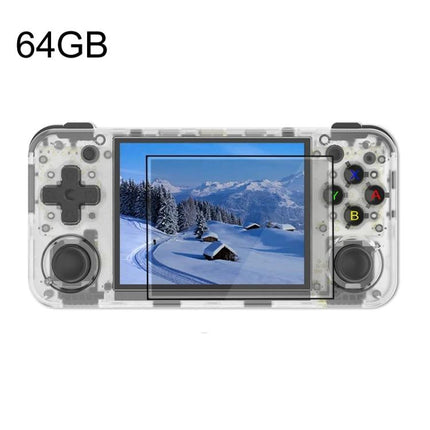 ANBERNIC RG35XX H Handheld Game Console for Portable Play clear transparent shell front view with snowy landscape on screen 64GB