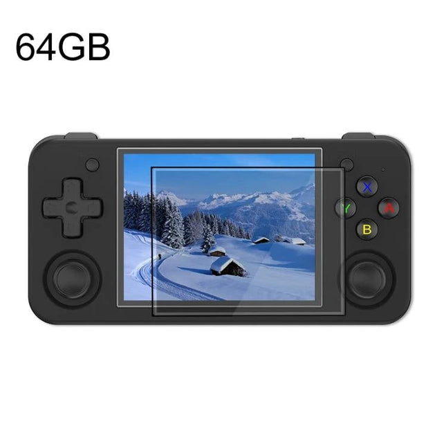 ANBERNIC RG35XX H Handheld Game Console for Portable Play black unit showing snowy landscape on screen and 64GB label
