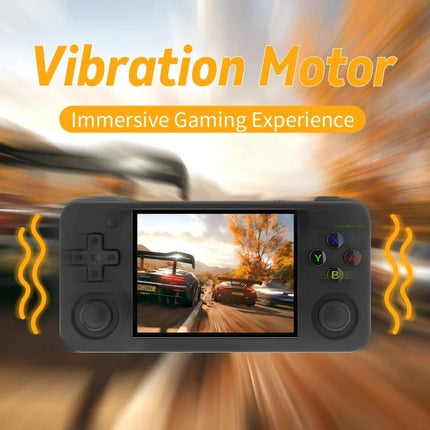 ANBERNIC RG35XX H Handheld Game Console for Portable Play showing racing game on screen with vibration motor icons