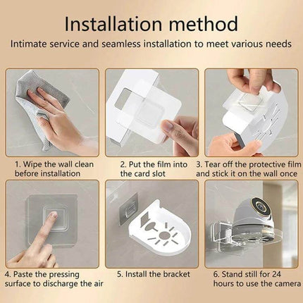 Transparent Wall Mounted Camera Bracket for Home Security installed with step-by-step adhesive mounting guide for neat wire management and stable support