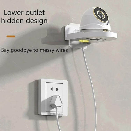 Transparent Wall Mounted Camera Bracket for Home Security mounted on wall with hidden lower outlet and tidy wire management