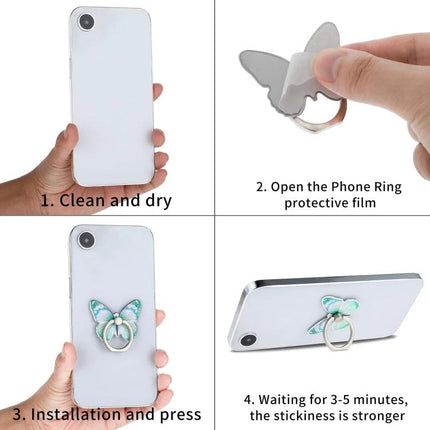 Cartoon Butterfly Phone Ring Holder for Easy Viewing and Grip shown being cleaned, peeled, installed and used as a stand