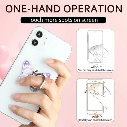 Cartoon Butterfly Phone Ring Holder for Easy Viewing and Grip on white phone demonstrating one-hand operation and hands-free viewing