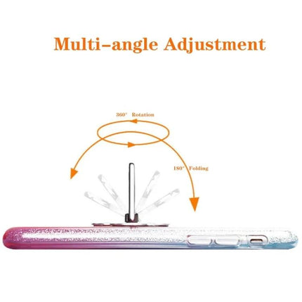 Metal Rotatable Finger Ring Holder for Phones and Tablets attached to case showing 360° rotation and 180° folding for multi-angle adjustment