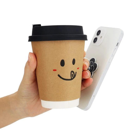 Metal Rotatable Finger Ring Holder for Phones and Tablets on white phone held with coffee cup, durable aluminum zinc alloy, 360° rotatable grip