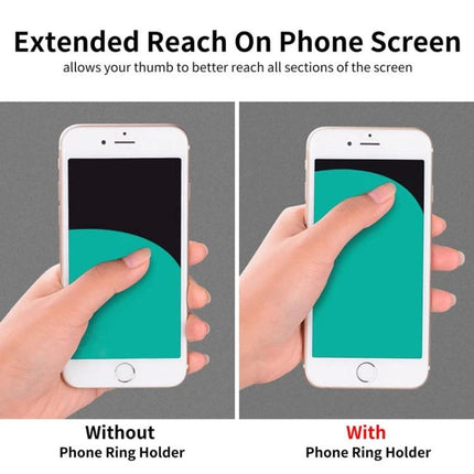 Metal Rotatable Finger Ring Holder for Phones and Tablets showing improved thumb reach with and without ring holder