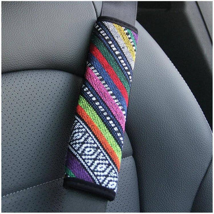 Ethnic Style Linen Car Seat Belt Cover Shoulder Pads – colorful woven linen pad on car seatbelt for comfort and reduced shoulder pressure