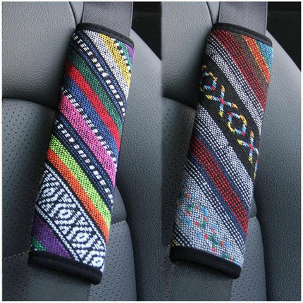 Ethnic Style Linen Car Seat Belt Cover Shoulder Pads with colorful ethnic woven linen pattern for padded comfort during long drives