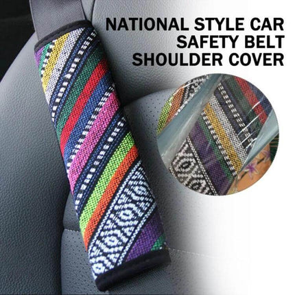 Ethnic Style Linen Car Seat Belt Cover Shoulder Pads on car seat showing colorful ethnic linen shoulder pad for comfort and reduced pressure
