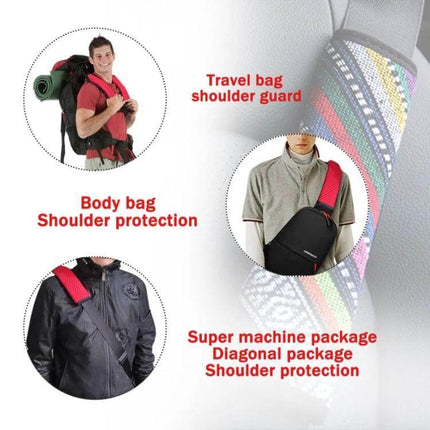 Ethnic Style Linen Car Seat Belt Cover Shoulder Pads on colorful patterned strap showing shoulder protection for travel bag and body bag