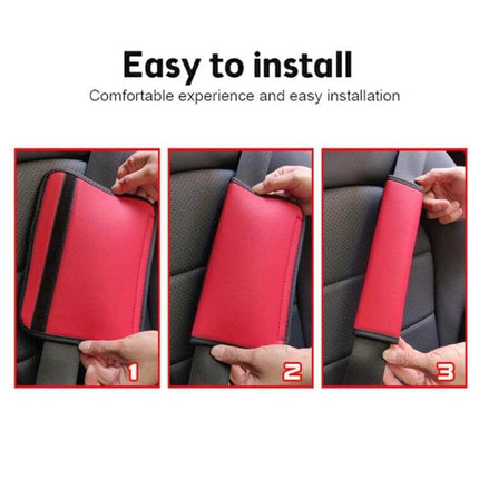 Car Leather Seat Belt Cover Shoulder Pads 6.5x23cm - red leather pad showing easy three-step installation on car seatbelt