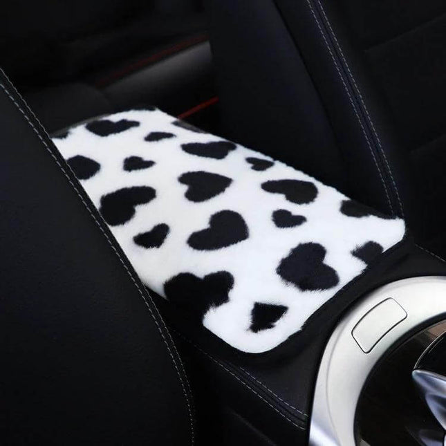 Plush Heart Pattern Car Center Console Cover Mat 32x19cm - white black heart plush armrest protector for cars SUVs trucks
