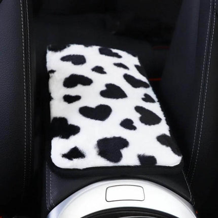 Plush Heart Pattern Car Center Console Cover Mat 32x19cm on black car armrest with black heart plush design