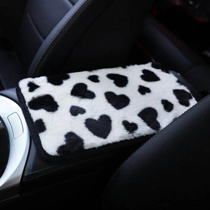 Plush Heart Pattern Car Center Console Cover Mat 32x19cm soft black and white heart plush armrest protector for cars SUVs trucks