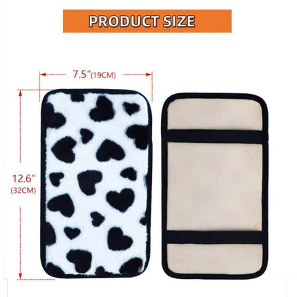 Plush Heart Pattern Car Center Console Cover Mat 32x19cm in black white heart plush fabric showing front and back with elastic bands and dimensions