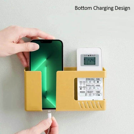Double Grid Wall Mounted Storage Box For Remotes And Phone holding smartphone and remote with bottom charging access, yellow wall-mounted organizer